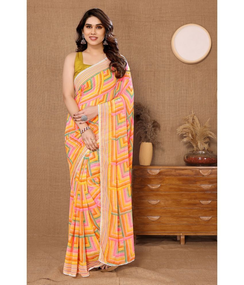     			VEDANT VASTRAM Georgette Printed Saree With Blouse Piece ( Yellow , Pack of 1 )