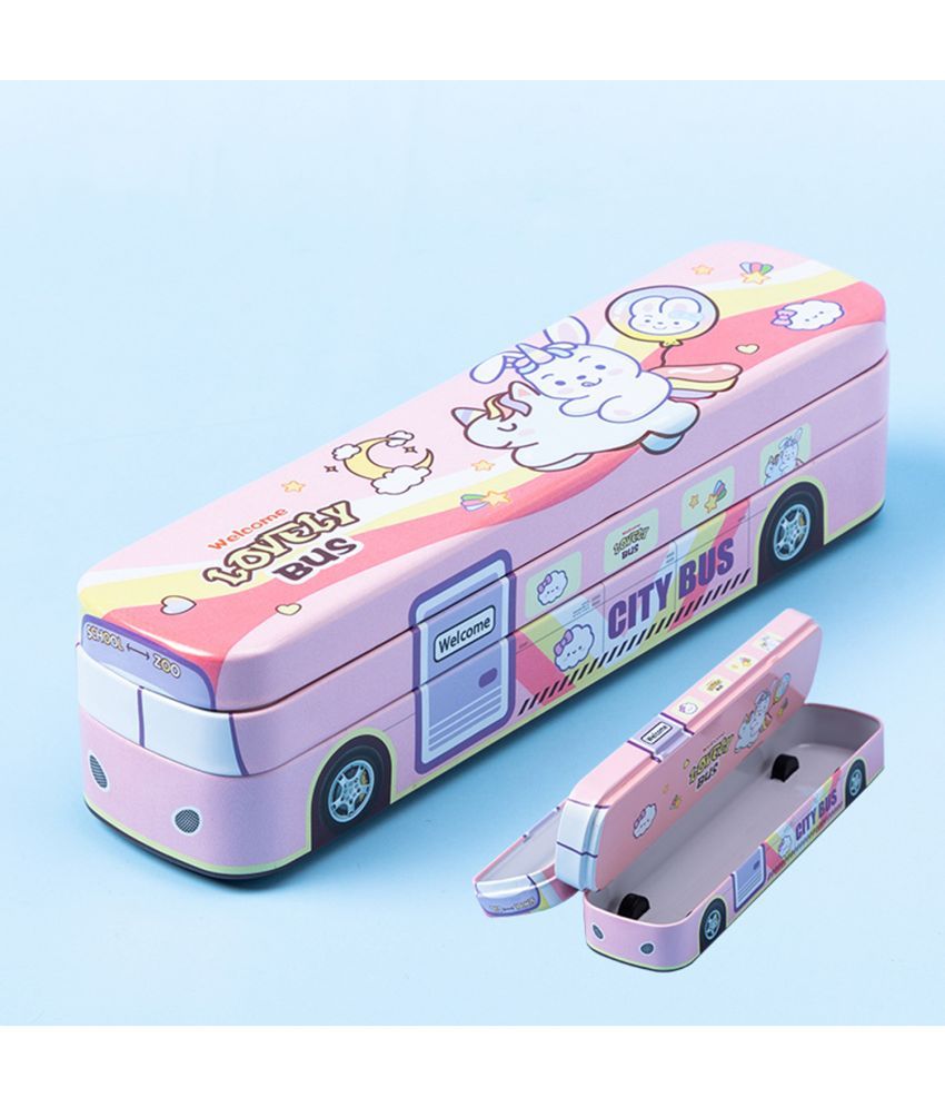     			3Mads  School Bus Theme Pink Sharpener &  Geometry Box