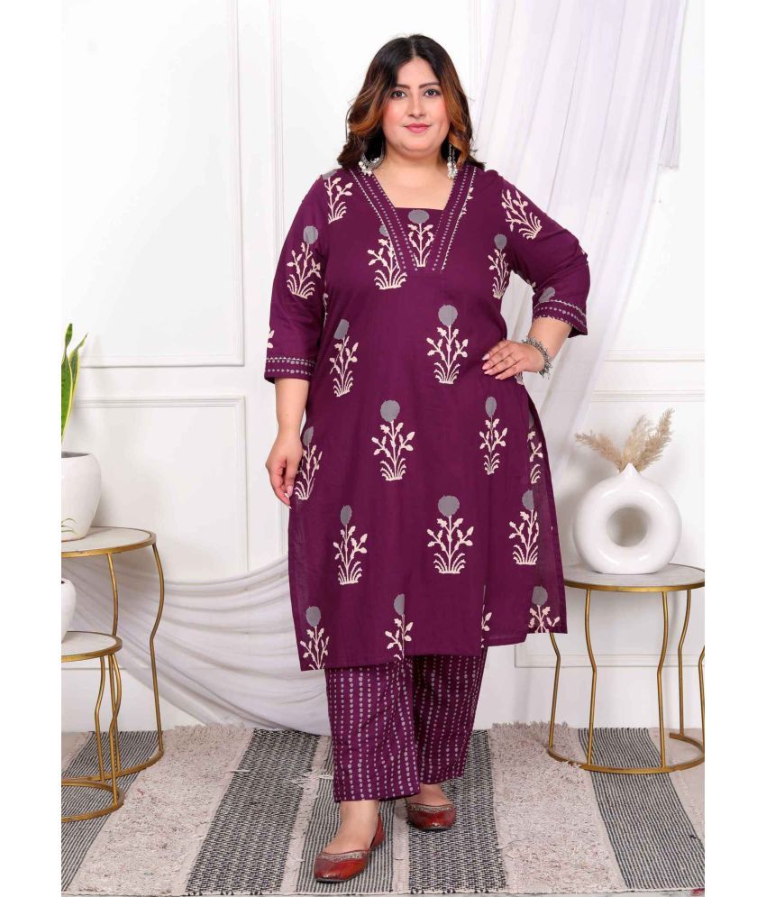     			Angiya Cotton Printed Kurti With Pants Women's Stitched Salwar Suit - Purple ( Pack of 1 )