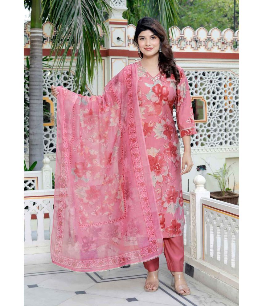     			Angiya Cotton Silk Printed Kurti With Pants Women's Stitched Salwar Suit - Pink ( Pack of 1 )