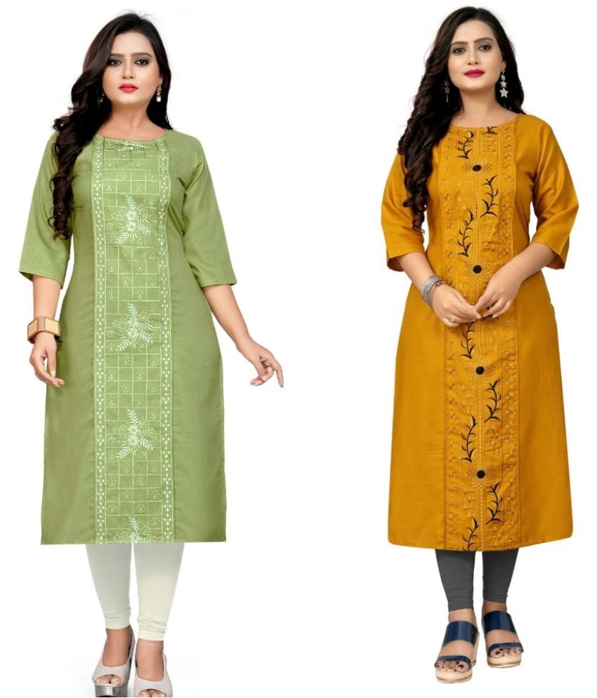     			Hetsa Pack of 2 Cotton Blend Embroidered Straight Women's Kurti - ( Multicolor )