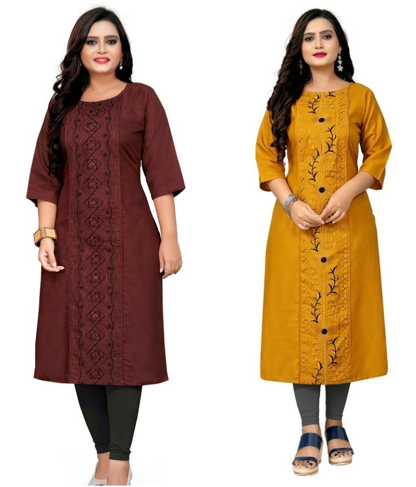     			Hetsa Pack of 2 Cotton Blend Embroidered Straight Women's Kurti - ( Multicolor )