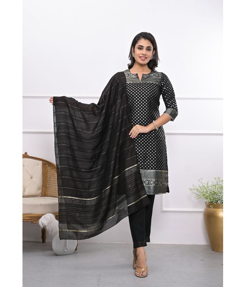     			Juniper Silk Printed Kurti With Pants Women's Stitched Salwar Suit - Black ( Pack of 1 )