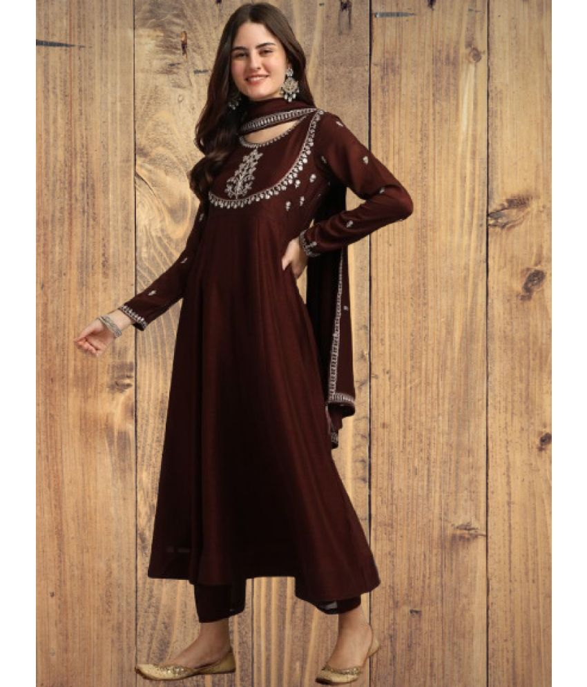     			KC Kunj Creation Silk Embroidered Kurti With Pants Women's Stitched Salwar Suit - Coffee ( Pack of 1 )