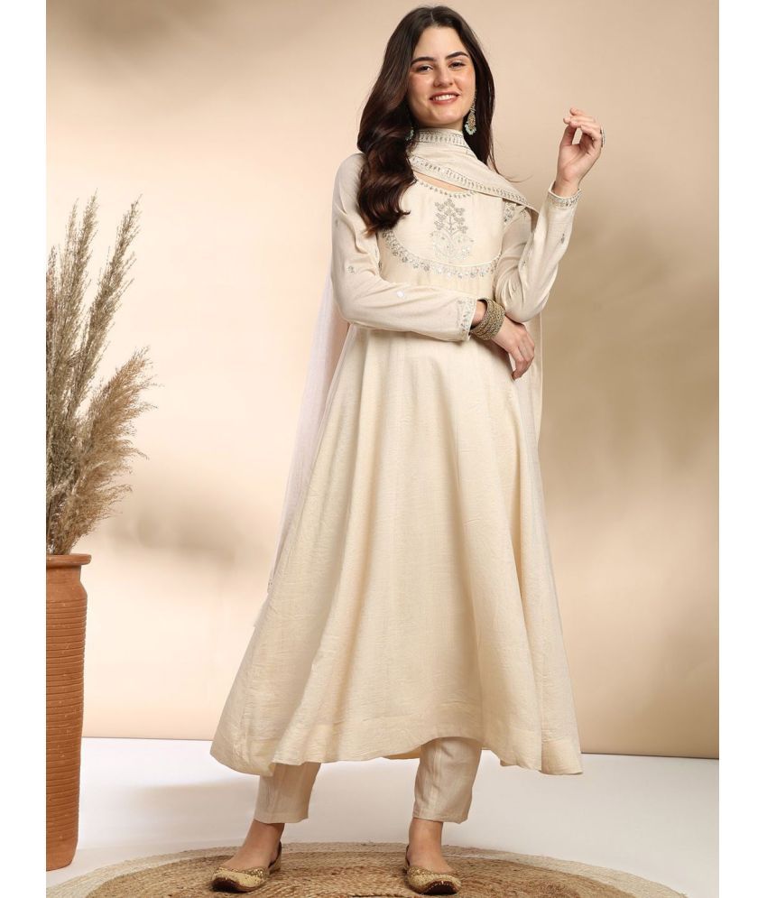     			KIRMESH FAISHON Silk Embroidered Kurti With Pants Women's Stitched Salwar Suit - White ( Pack of 1 )