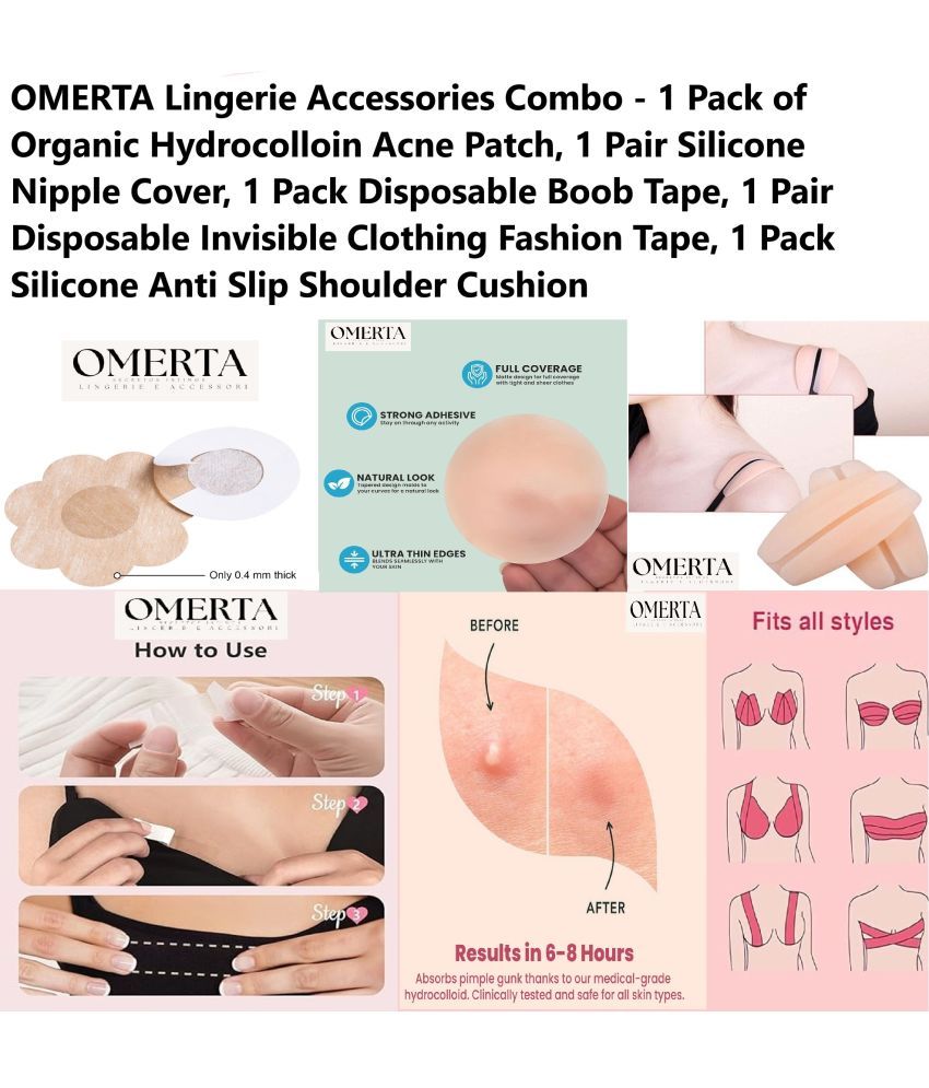     			Omerta Best Quality Cheapest 180 PC Hydrocolloid Acne Pimple Patch & Silicone Nipple Cover (2 Pair) & Disposable Breast Lift Boob Tape(1 Pack), Invisible Fashion Cloth Tape (Pack of 36 PC), Silicone Shoulder Cushion(1Pair)