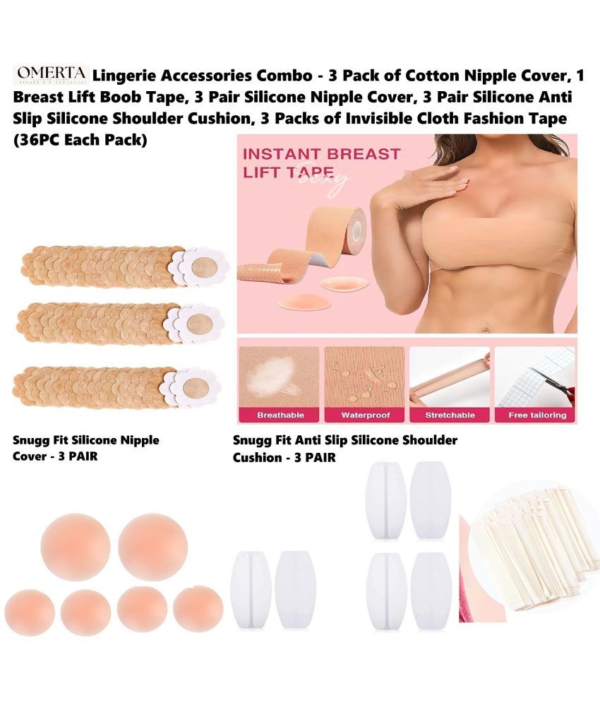     			Omerta Best Quality Cheapest Lingerie Accessories Combo - Breast Lift Boob Tape (1), Reusable Silicone Nipple Cover (3), Cotton Nipple Cover (3Pack), Silicone Shoulder Cushion (3Pair) & Double Side Invisible Fashion Tape (3Packs)