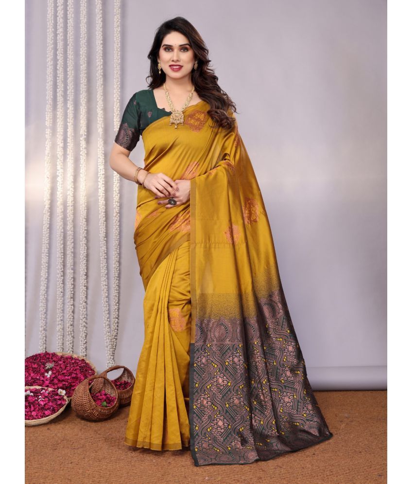     			SARIK  FASHION Banarasi Silk Woven Saree With Blouse Piece ( Mustard , Pack of 1 )