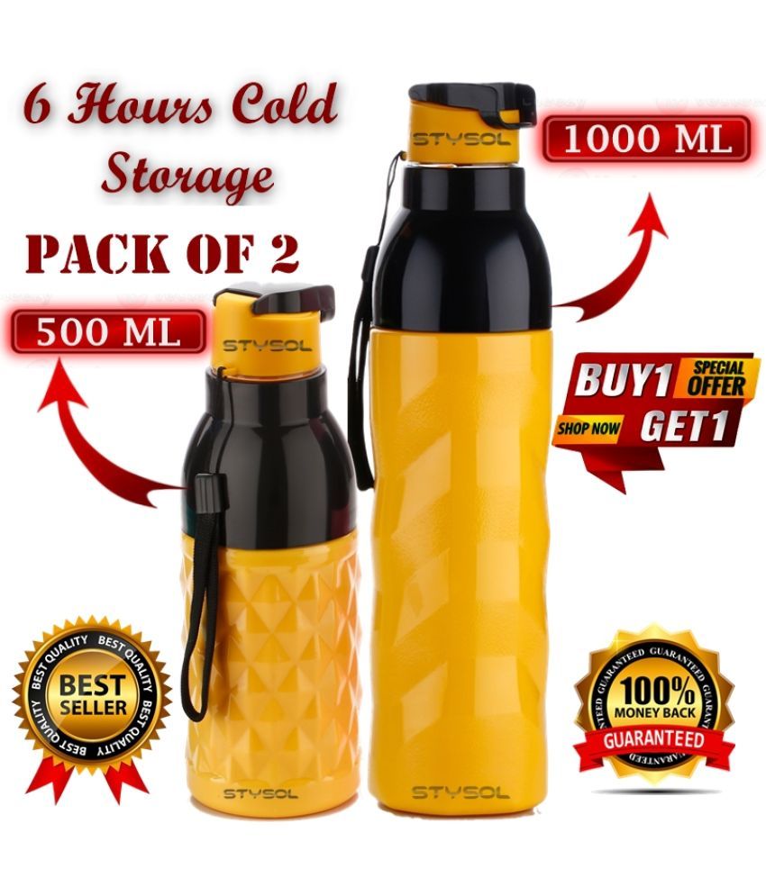     			Stysol Water Bottle Grey Melange Plastic Fridge Water Bottle 1000 mL ( Set of 2 )