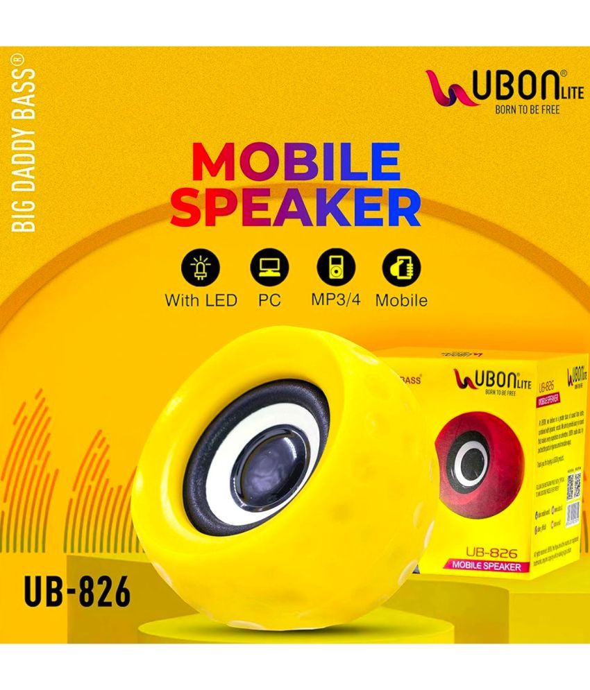     			UBON 826 MOBILE SPEAKER 5 W Bluetooth Speaker Bluetooth V 5.2 with Aux Playback Time 2 hrs Yellow