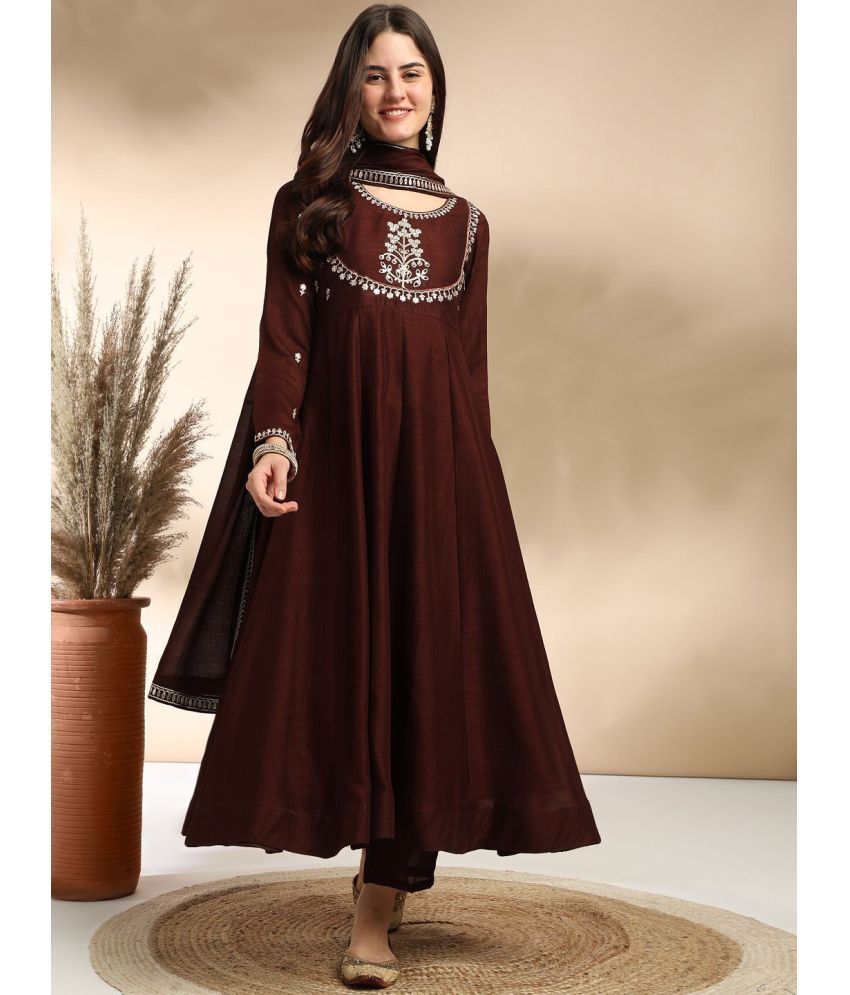     			vesta exports Cotton Silk Embroidered Kurti With Salwar Women's Stitched Salwar Suit - Maroon ( Pack of 1 )