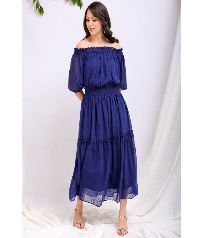     			Freehand Polyester Self Design Full Length Women's Off Shoulder Dress - Blue ( Pack of 1 )