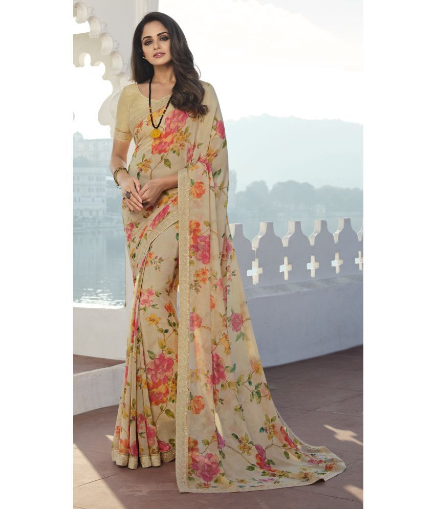     			SARIK  FASHION Chiffon Printed Saree With Blouse Piece ( Cream , Pack of 1 )