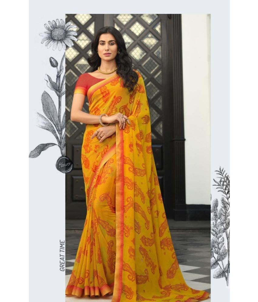     			SARIK  FASHION Georgette Printed Saree With Blouse Piece ( Yellow , Pack of 1 )