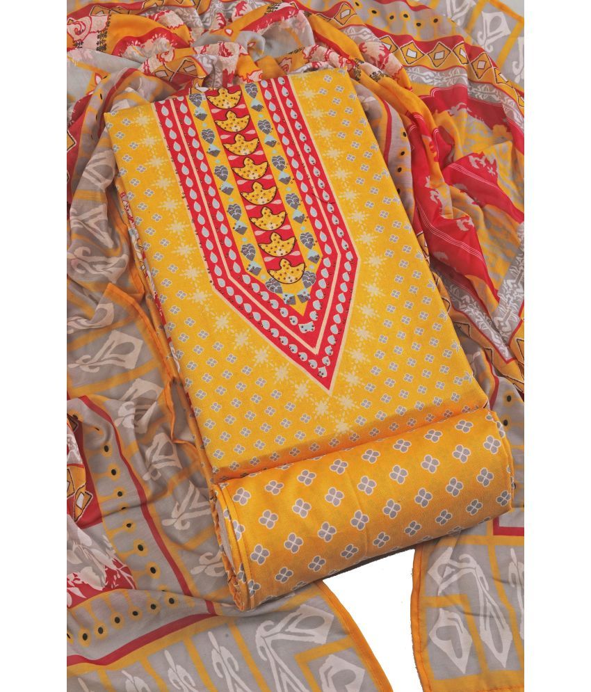     			tavas Unstitched Cotton Blend Printed Dress Material - Yellow ( Pack of 1 )