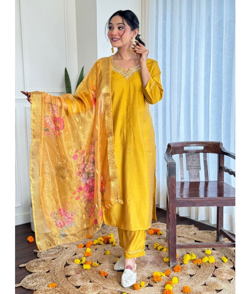     			vesta exports Cotton Silk Embroidered Kurti With Pants Women's Stitched Salwar Suit - Yellow ( Pack of 1 )