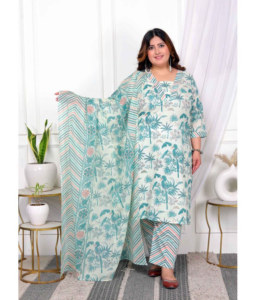     			Angiya Cotton Printed Kurti With Pants Women's Stitched Salwar Suit - Light Green ( Pack of 1 )