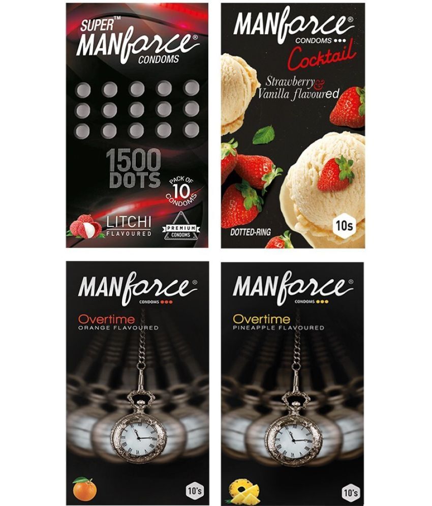     			MANFORCE Fruit Basket Combo Pack (3in1 Overtime Orange 3in1 Overtime Pineapple Extra Dotted Litchi & Cocktail Strawberry + Vanilla with Dotted Rings) - 40 Pieces (Pack of 4) Condom  (Set of 4 40 Sheets)