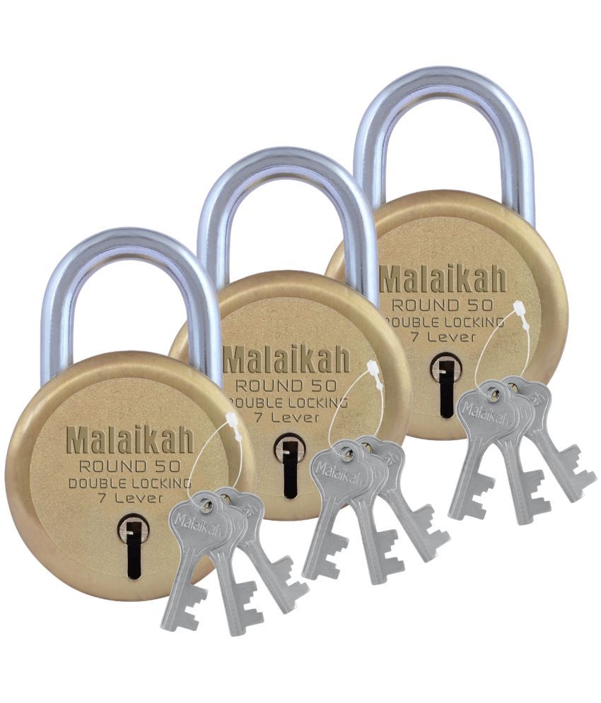     			Malaikah Gold 50 mm Padlock Double Locking 7 Lever With 3 Keys, Ideal for Gate, Shutter and Shop, Ideal for Gate, Shutter and Shop Made in Aligarh, India, Pack of 3