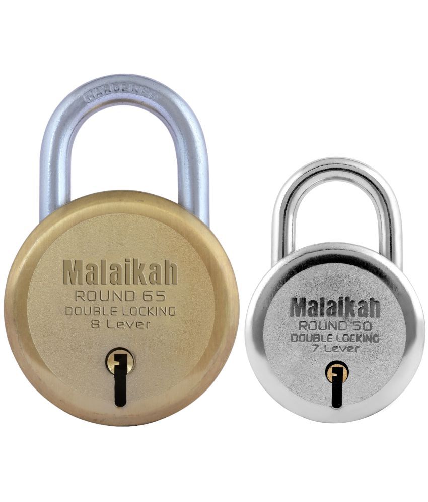     			Malaikah Locks Padlocks Pack Of 2 Gold 65mm And Round 50mm Made In Aligarh India Ideal For Gates And Shutters With Premium Steel Construction And 7-Lever Double Locking Security