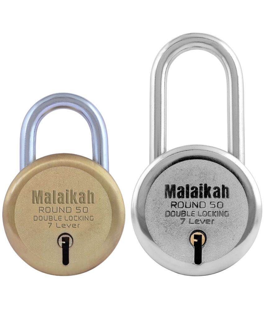     			Malaikah Locks Padlocks Pack Of 2 Gold 50mm And Round 50mm Long Shackle Made In Aligarh India Stylish Gold Finish With Corrosion-Resistant Steel And 7-Lever Security Mechanism