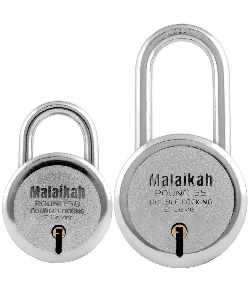     			Malaikah Locks Padlocks Pack Of 2 Round 50mm And Round 65mm Long Shackle Made In Aligarh India Enhanced Security With 7-Lever Mechanism For Doors Gates And Shutters Ideal For Heavy-Duty Use