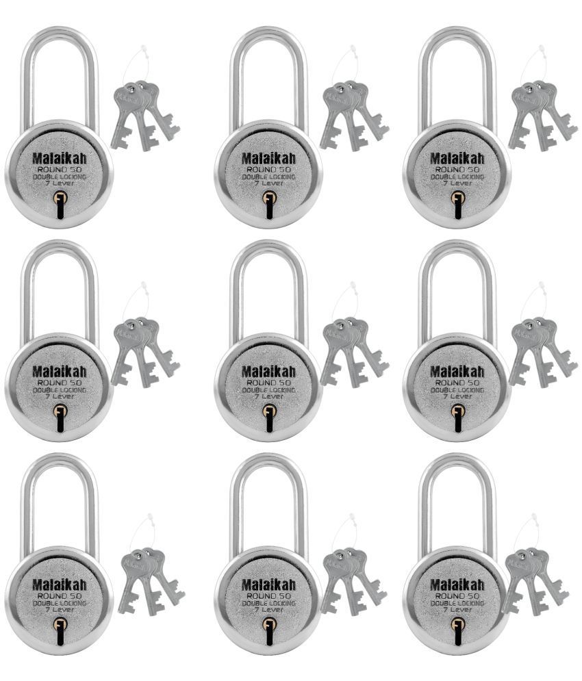     			Malaikah Round 50 mm Padlock Long Shackle Double Locking 7 Lever With 3 Keys, Ideal for Gate, Shutter and Shop, Ideal for Gate, Shutter and Shop Made in Aligarh, India, Pack of 9