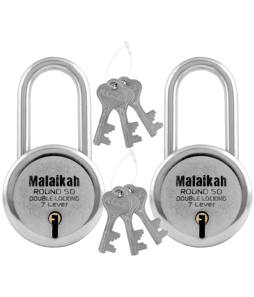     			Malaikah Round 50 mm Padlock Long Shackle Double Locking 7 Lever With 3 Keys, Ideal for Gate, Shutter and Shop, Ideal for Gate, Shutter and Shop Made in Aligarh, India, Pack of 2