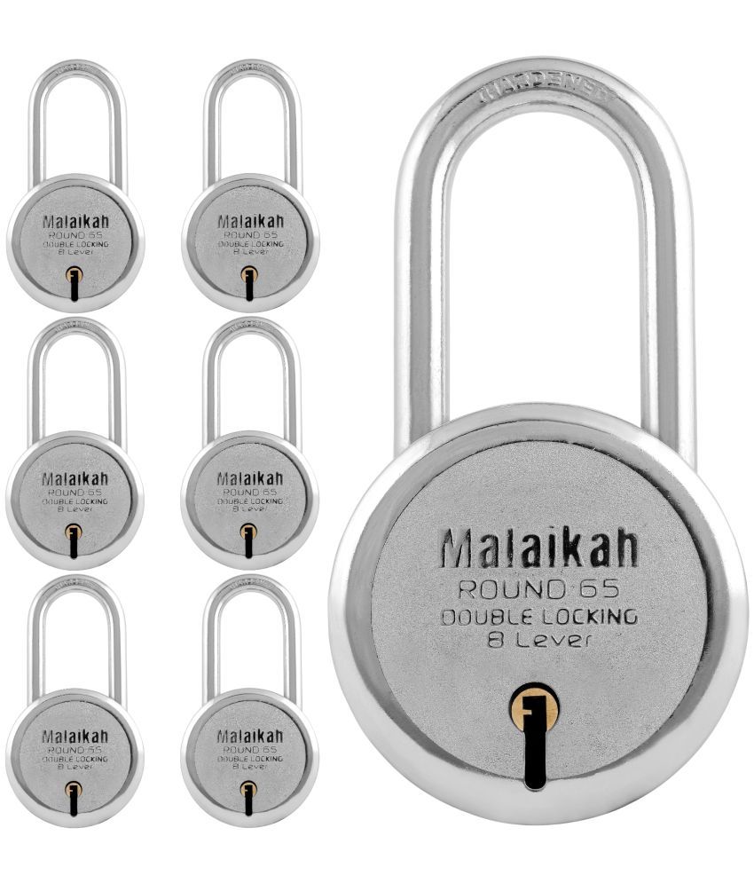     			Malaikah Round 65 mm Padlock Long Shackle Double Locking 8 Lever With 3 Keys, Ideal for Gate, Shutter and Shop, Ideal for Gate, Shutter and Shop Made in Aligarh, India, Pack of 7