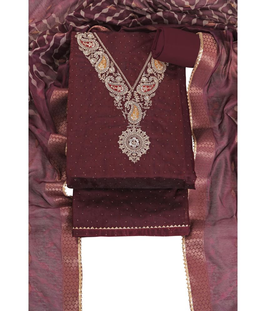     			tavas Unstitched Chanderi Embellished Dress Material - Wine ( Pack of 1 )