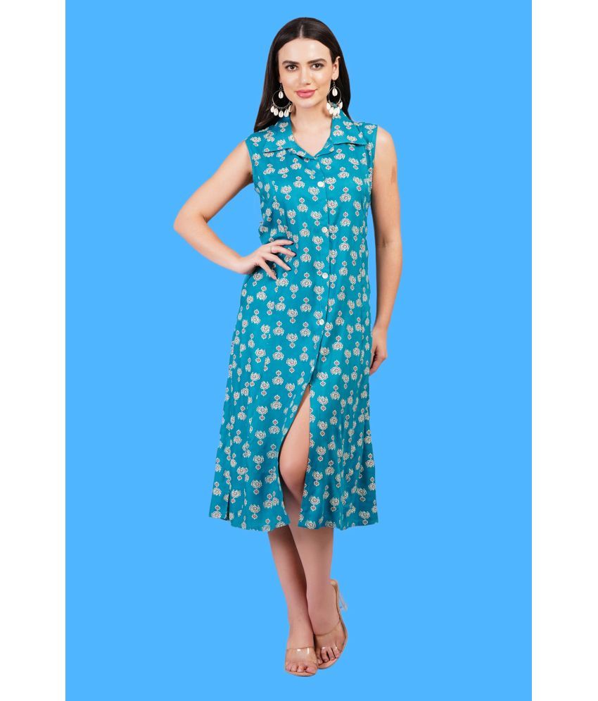     			Oh Mi Dios Viscose Rayon Printed Calf-Length Women's A-line Dress - Blue ( Pack of 1 )