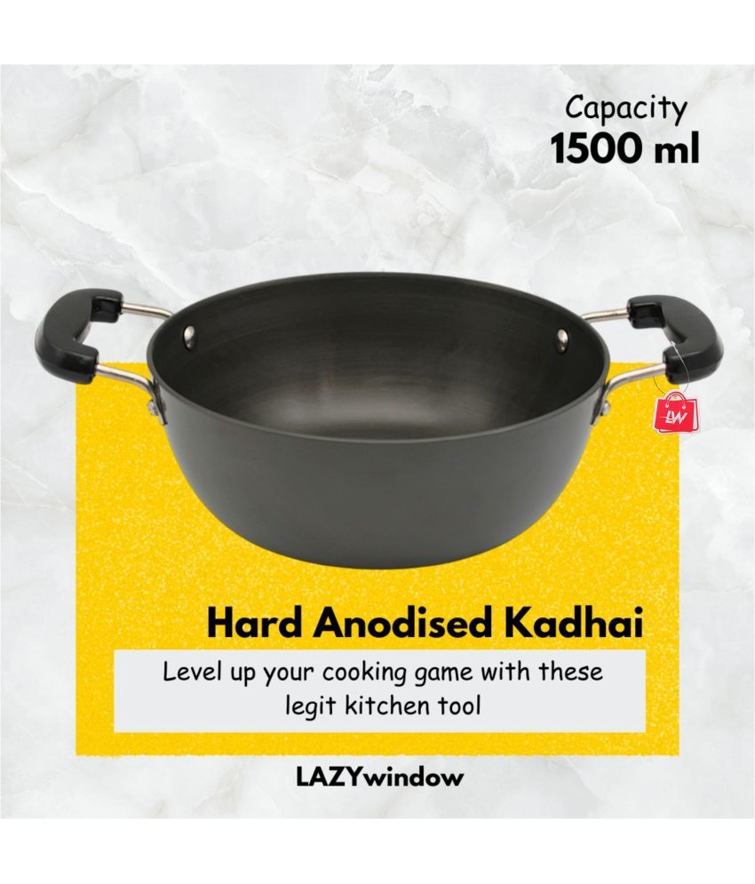     			LAZYWINDOW Non coated Aluminium Deep Kadhai Induction Bottom Stainless Steel Handle 3 Thickness mm 20 cm Diameter ( 1.5 L )