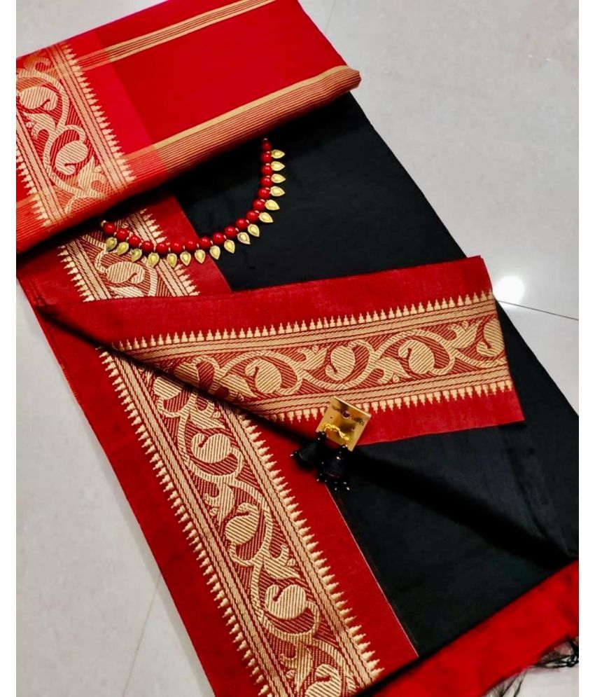     			SARADA HANDLOOM Cotton Self Design Saree With Blouse Piece ( Black , Pack of 1 )