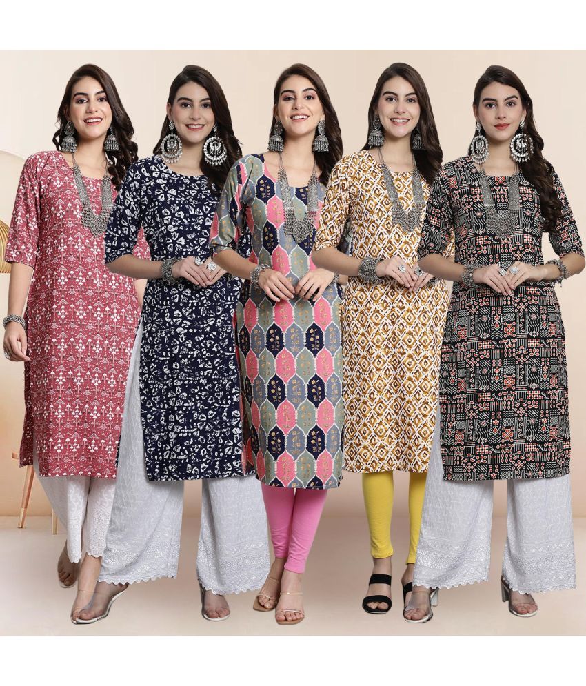     			Ethnicbasket Pack of 5 Crepe Printed Straight Women's Kurti - ( Multicolor3 )