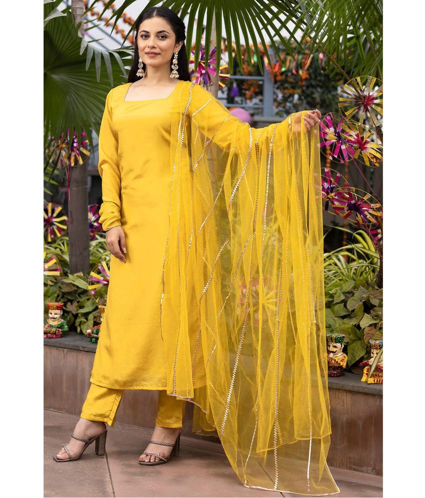     			Trijal Fab Cotton Silk Solid Kurti With Pants Women's Stitched Salwar Suit - Yellow ( Pack of 1 )