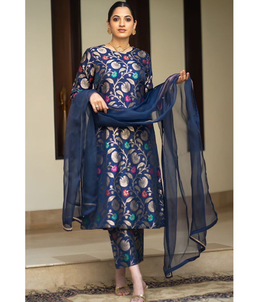     			Trijal Fab Silk Blend Self Design Kurti With Pants Women's Stitched Salwar Suit - Blue ( Pack of 1 )