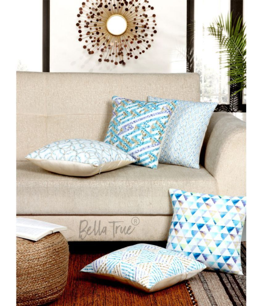     			BELLA TRUE Set of 5 Polyester Abstract Square Cushion Cover (40X40)cm - Blue