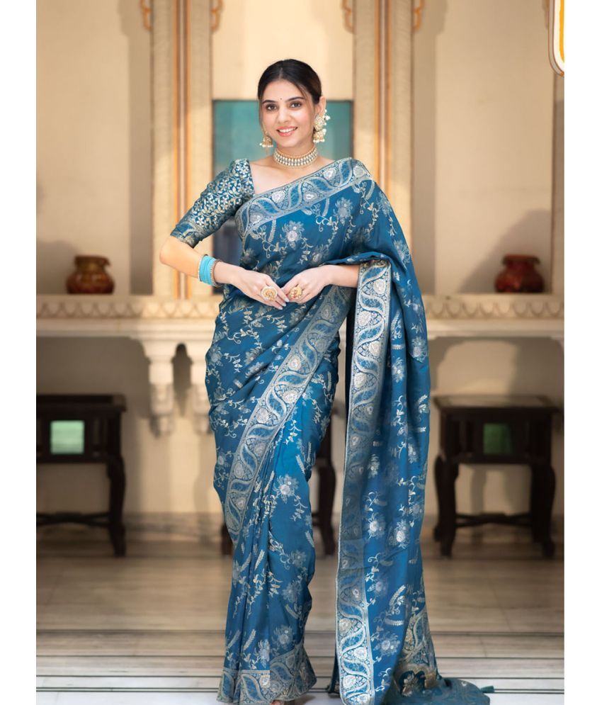     			KOMAL NX Pack of 1 Silk Blend Applique Saree With Blouse Piece ( Blue )