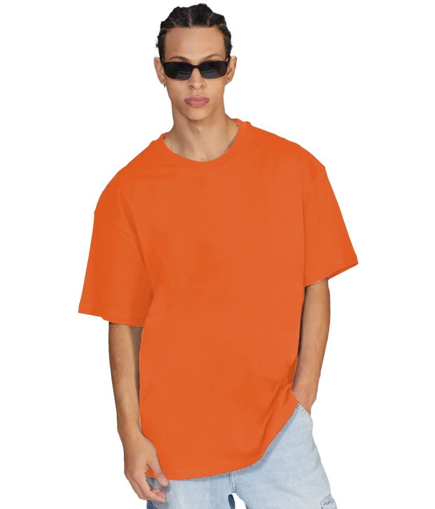     			Leotude Cotton Blend Oversized Fit Solid Half Sleeves Men's Round T-Shirt - Orange ( Pack of 1 )