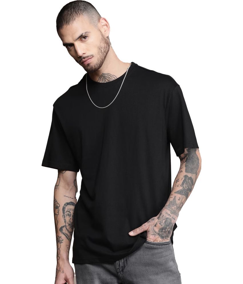     			Leotude Cotton Blend Oversized Fit Solid Half Sleeves Men's Round T-Shirt - Black ( Pack of 1 )