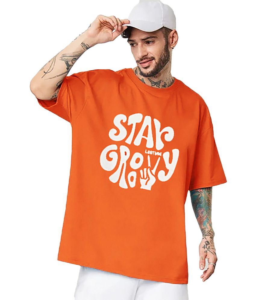     			Leotude Cotton Blend Oversized Fit Printed Half Sleeves Men's Round T-Shirt - Orange ( Pack of 1 )