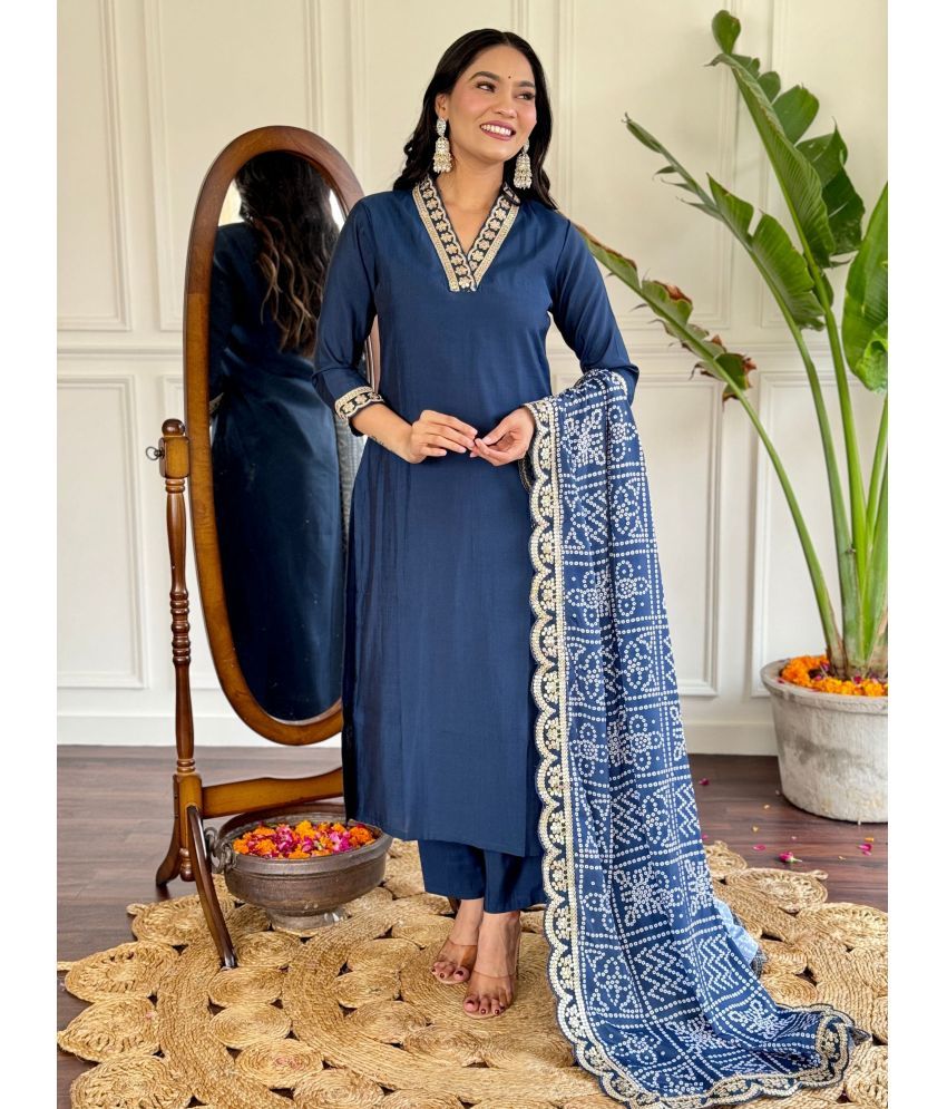     			Niza Fashion Viscose Embroidered Kurti With Pants Women's Stitched Salwar Suit - Blue ( Pack of 1 )