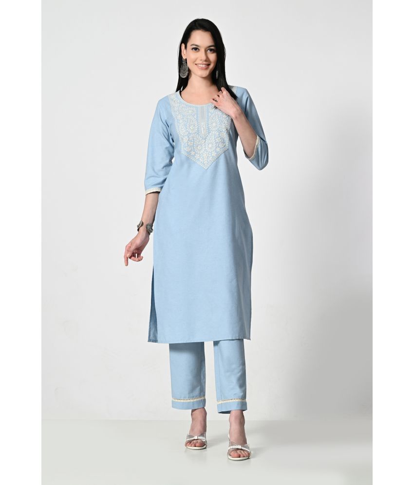     			OTIRA Cotton Blend Embroidered Kurti With Pants Women's Stitched Salwar Suit - Light Blue ( Pack of 1 )