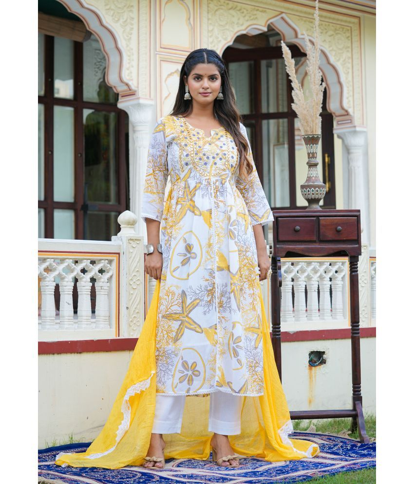     			Yash Gallery Cotton Printed Kurti With Pants Women's Stitched Salwar Suit - Yellow ( Pack of 1 )