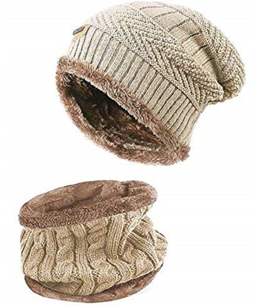     			AKSMIT Beige Woollen Women's Cap ( Pack of 2 )