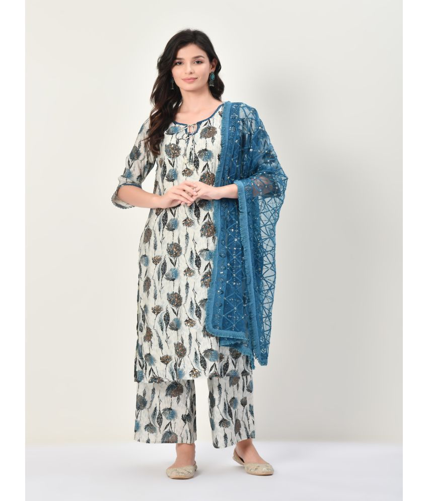     			Neel & Ned Viscose Printed Kurti With Palazzo Women's Stitched Salwar Suit - Blue ( Pack of 1 )