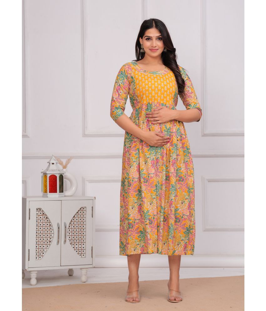     			Nitvan Yellow Cotton Maternity Kurta