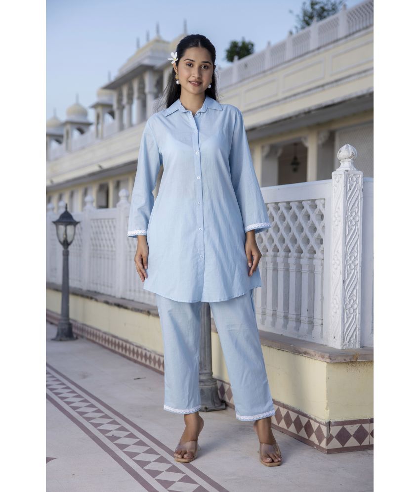     			SRKURTIS Cotton Blend Solid Kurti With Pants Women's Stitched Salwar Suit - Blue ( Pack of 1 )