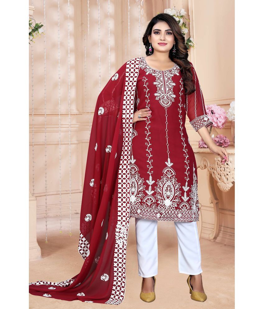     			Shree Ganesh Creation Georgette Embroidered Kurti With Pants Women's Stitched Salwar Suit - Red ( Pack of 1 )