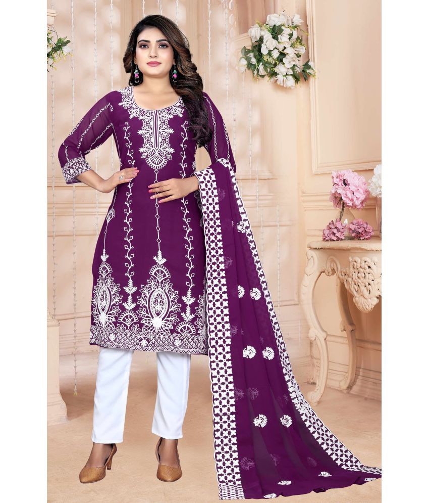     			Shree Ganesh Creation Georgette Embroidered Kurti With Pants Women's Stitched Salwar Suit - Purple ( Pack of 1 )